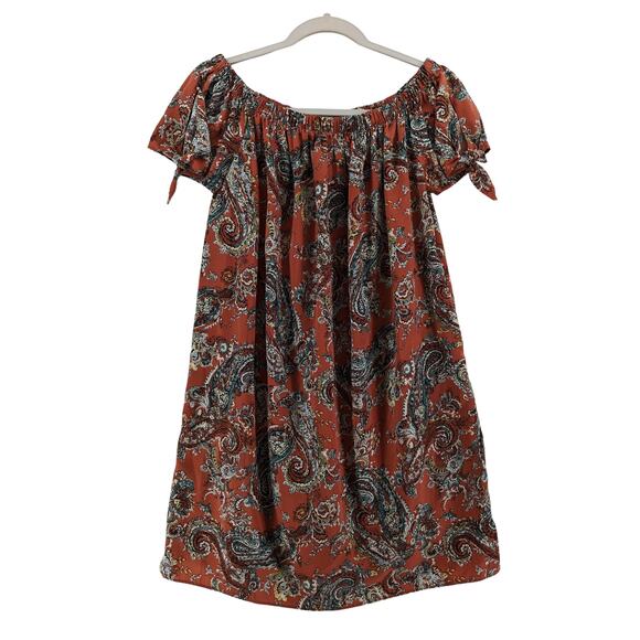 Soprano Off Shoulder Tunic Dress Small Rust Paisley Bohemian Mini Tie Sleeve Fun - Picture 10 of 10
